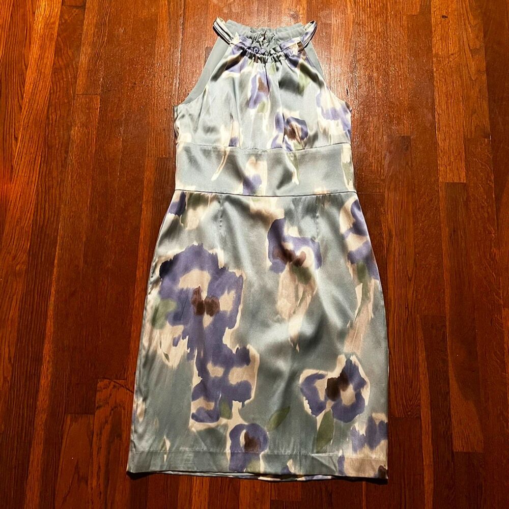 Ann Taylor 100% Silk Floral Halter Sheath Dress Size 6 Blue